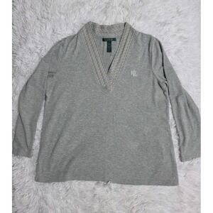 Lauren Ralph Lauren Shirt Women's Large Gray V-Neck Long Sleeve Solid LRL Top